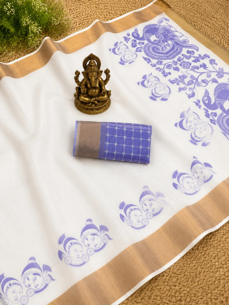 Scmg Onam a Linen Zari Weaving Saree Collection