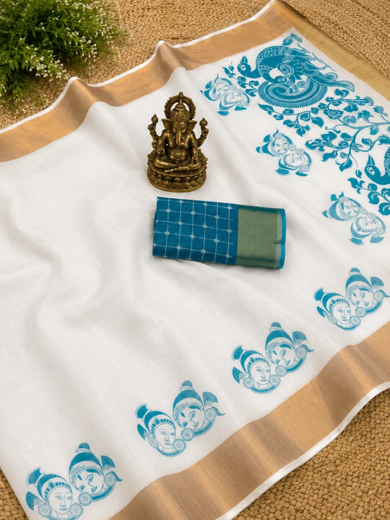 Scmg Onam a Linen Zari Weaving Saree Collection