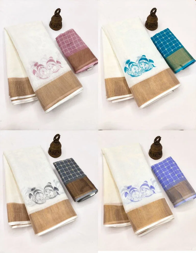 Scmg Onam a Linen Zari Weaving Saree Collection