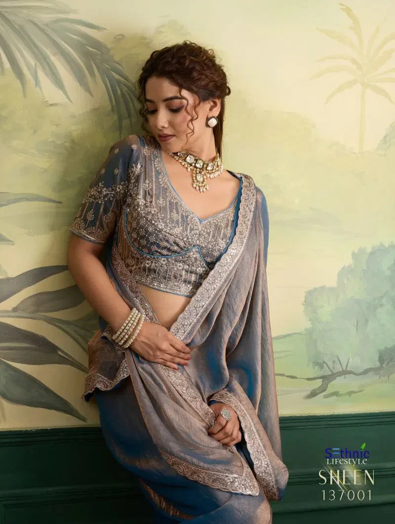 Sethnic Sheen Rise Velvet Chiffon Embroidered Sequence Saree Collection 5