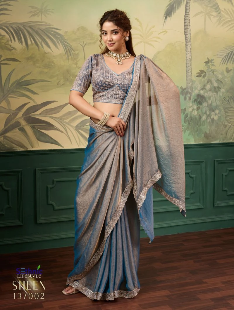 Sethnic Sheen Rise Velvet Chiffon Embroidered Sequence Saree Collection 7