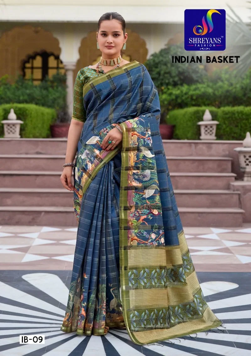 Shreyans Indian Basket Soft Tusser Silk Digital Printed Saree