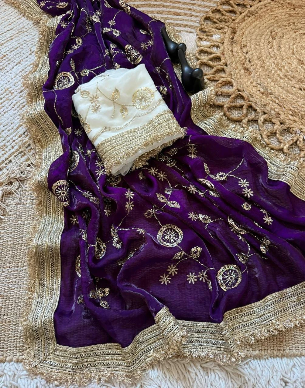 Space Satin Bits Sequence Work Saree with Contrast Running Blouse