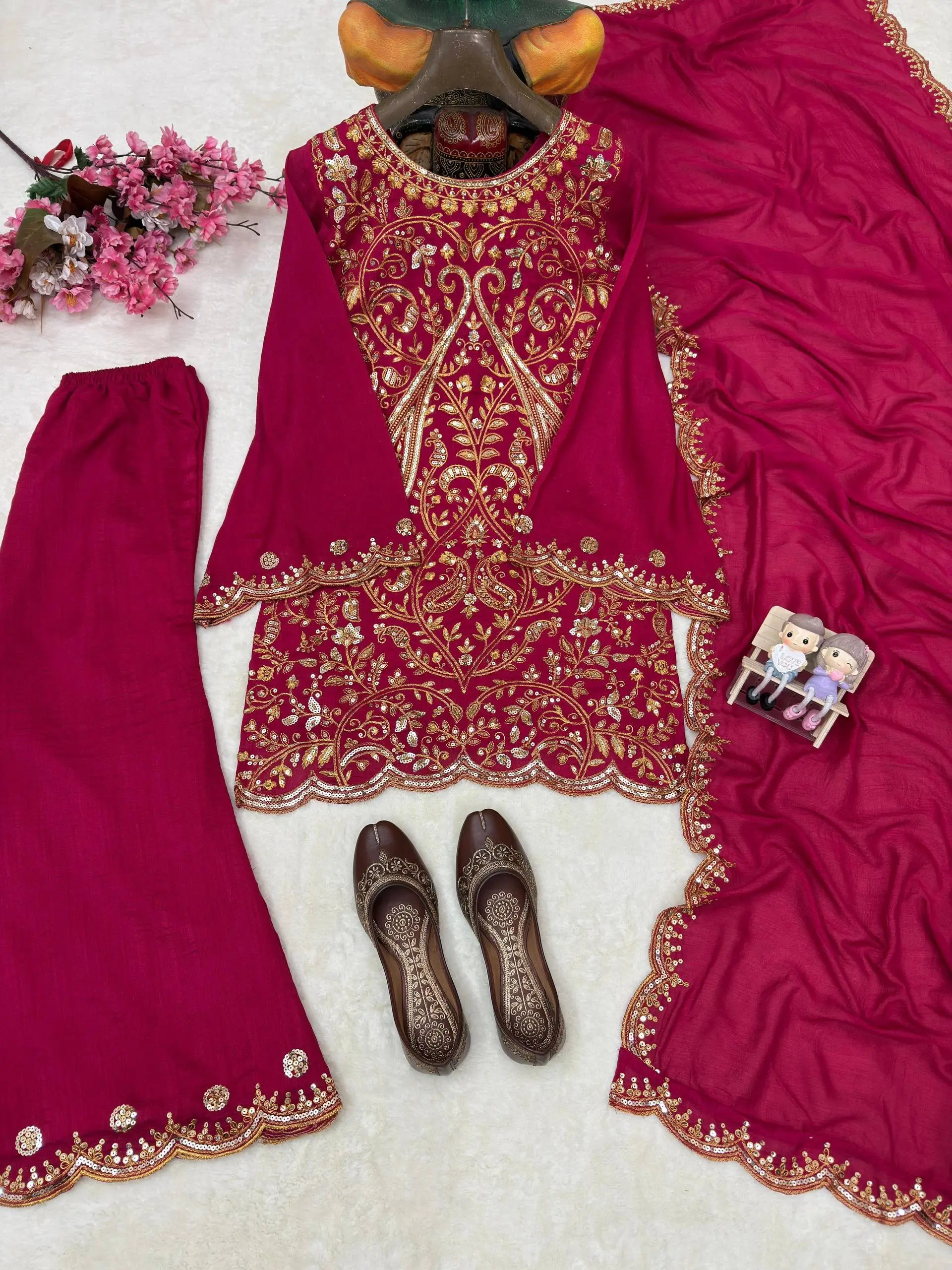 Vichitra Silk 5mm Sequence Zari Thread Embroidered Kurti Palazzo Set