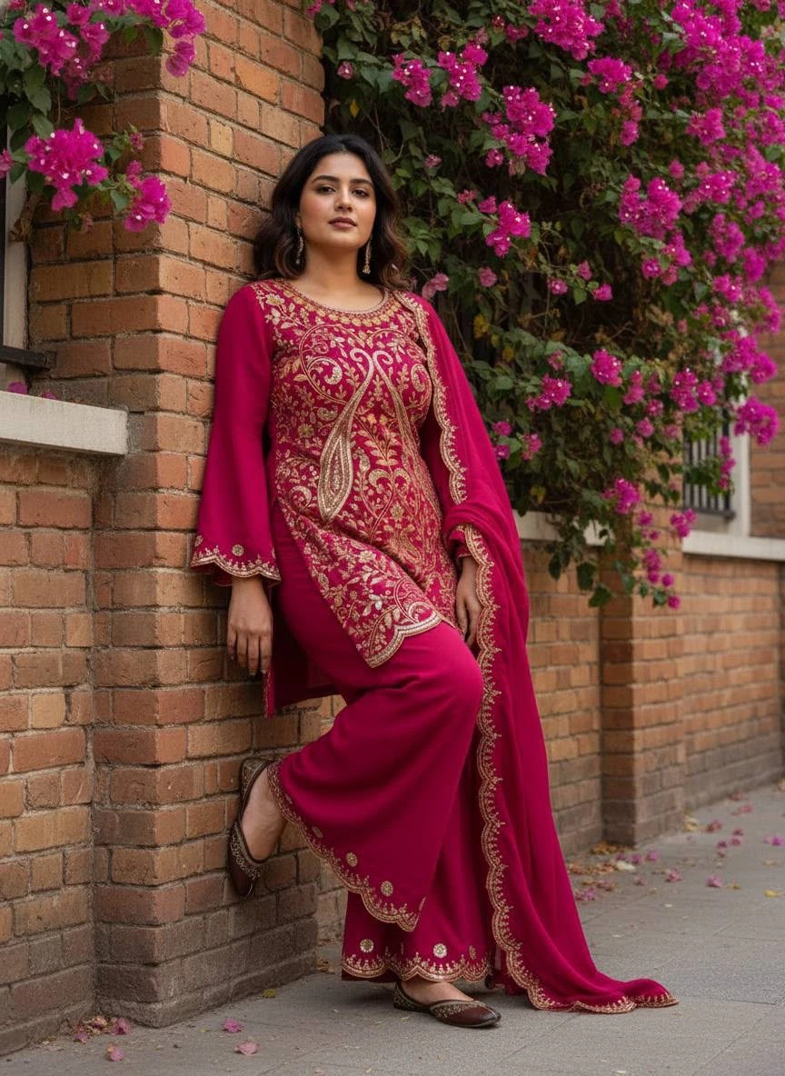 Vichitra Silk 5mm Sequence Zari Thread Embroidered Kurti Palazzo Set