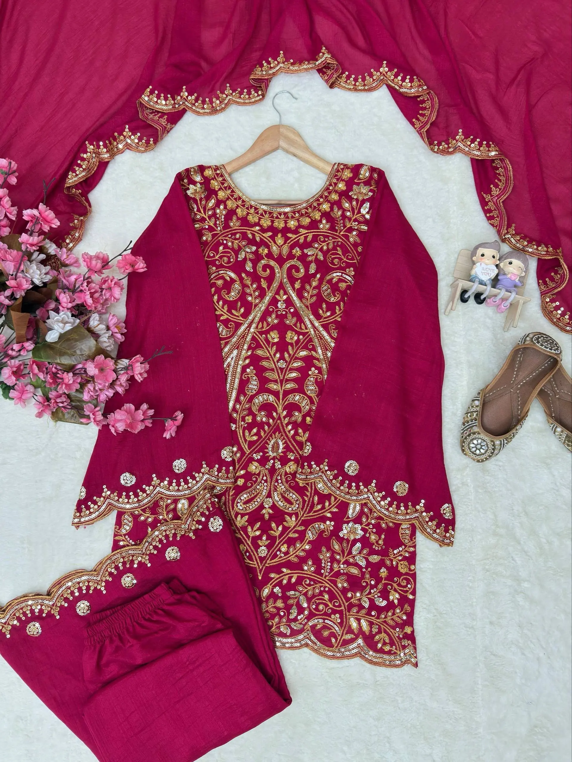 Vichitra Silk 5mm Sequence Zari Thread Embroidered Kurti Palazzo Set