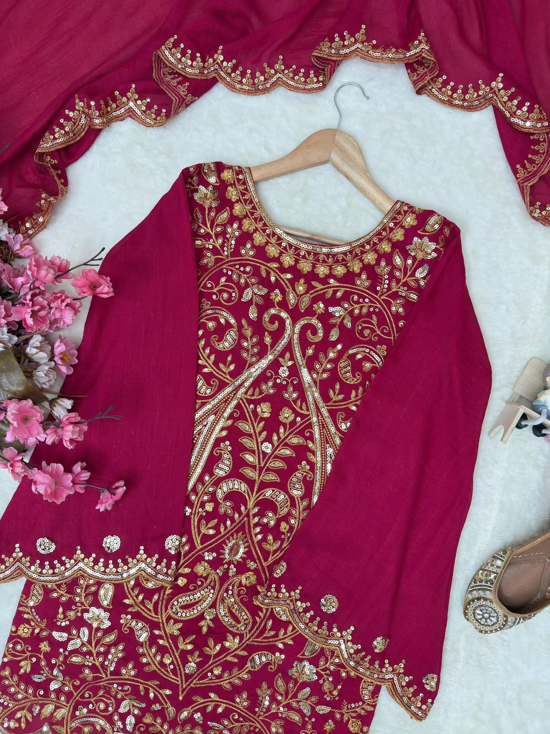 Vichitra Silk 5mm Sequence Zari Thread Embroidered Kurti Palazzo Set