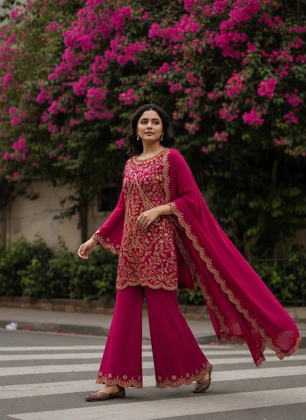 Vichitra Silk 5mm Sequence Zari Thread Embroidered Kurti Palazzo Set
