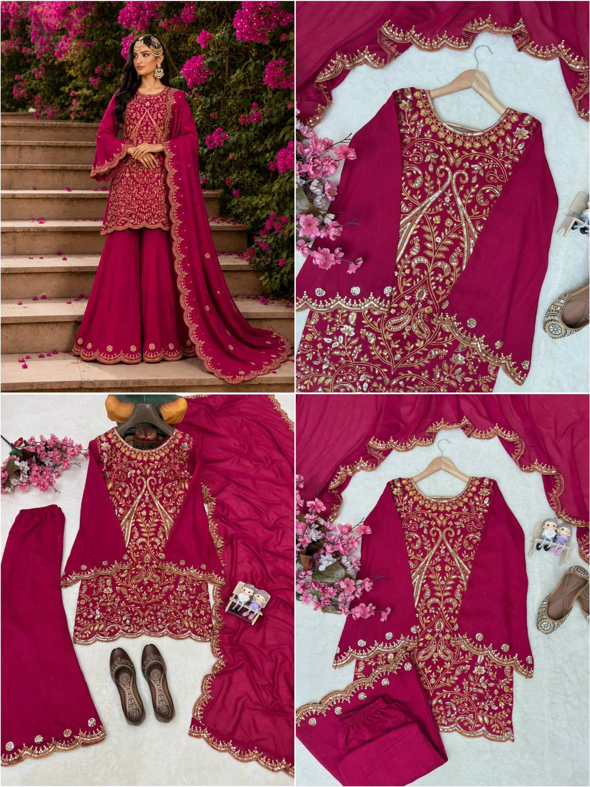 Vichitra Silk 5mm Sequence Zari Thread Embroidered Kurti Palazzo Set