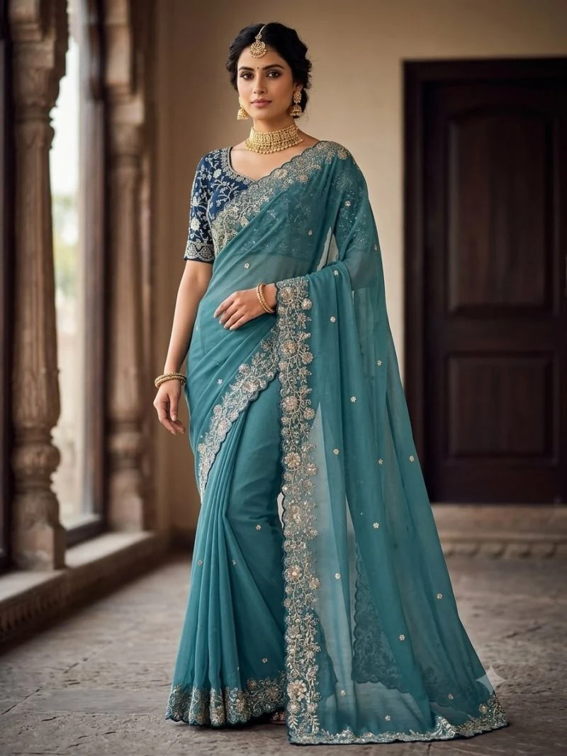 Vt 882 T Star Georgette Embroidery Zari Worked Saree Collection