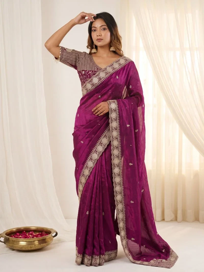 Vt 900 T Pure Fandy Satin Embroidered Saree Collection