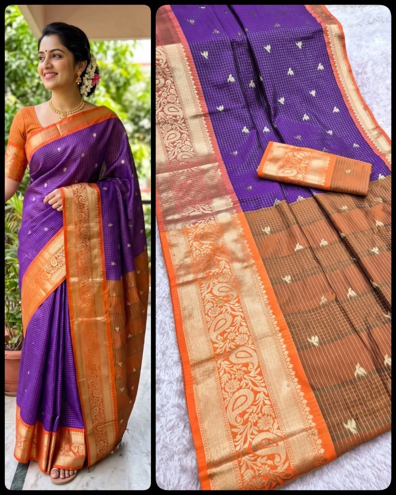 Aab Checks Kanchijvaram Soft Silk Weaving Thread Work Designer Saree Collection 10