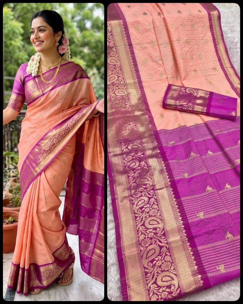 Aab Checks Kanchijvaram Soft Silk Weaving Thread Work Designer Saree Collection 11