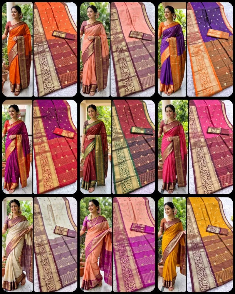 Aab Checks Kanchijvaram Soft Silk Weaving Thread Work Designer Saree Collection 3