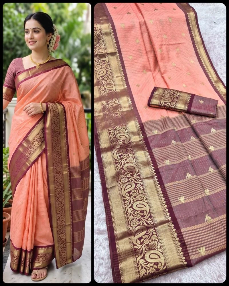 Aab Checks Kanchijvaram Soft Silk Weaving Thread Work Designer Saree Collection 4