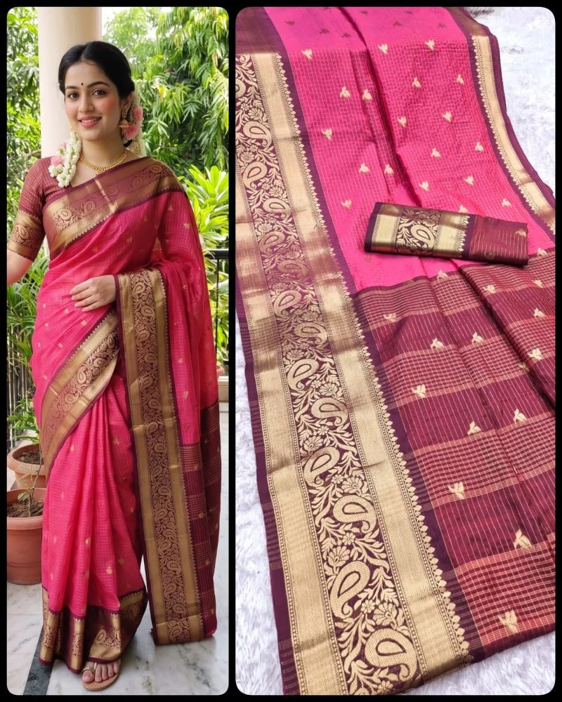 Aab Checks Kanchijvaram Soft Silk Weaving Thread Work Designer Saree Collection 6