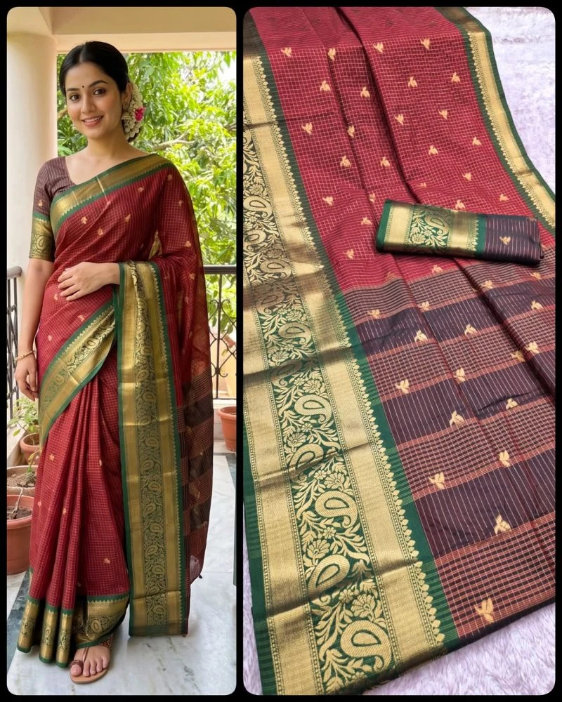 Aab Checks Kanchijvaram Soft Silk Weaving Thread Work Designer Saree Collection 7