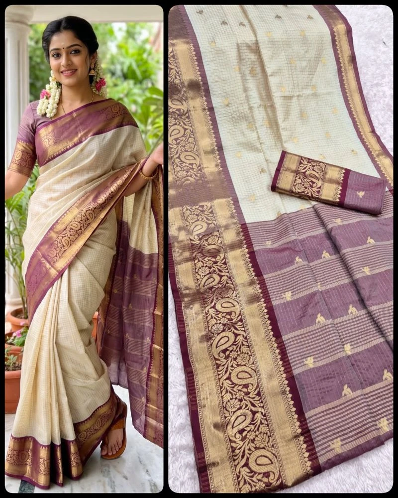 Aab Checks Kanchijvaram Soft Silk Weaving Thread Work Designer Saree Collection 8