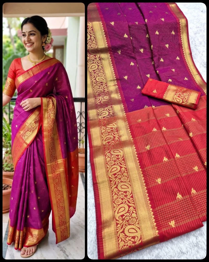 Aab Checks Kanchijvaram Soft Silk Weaving Thread Work Designer Saree Collection 9