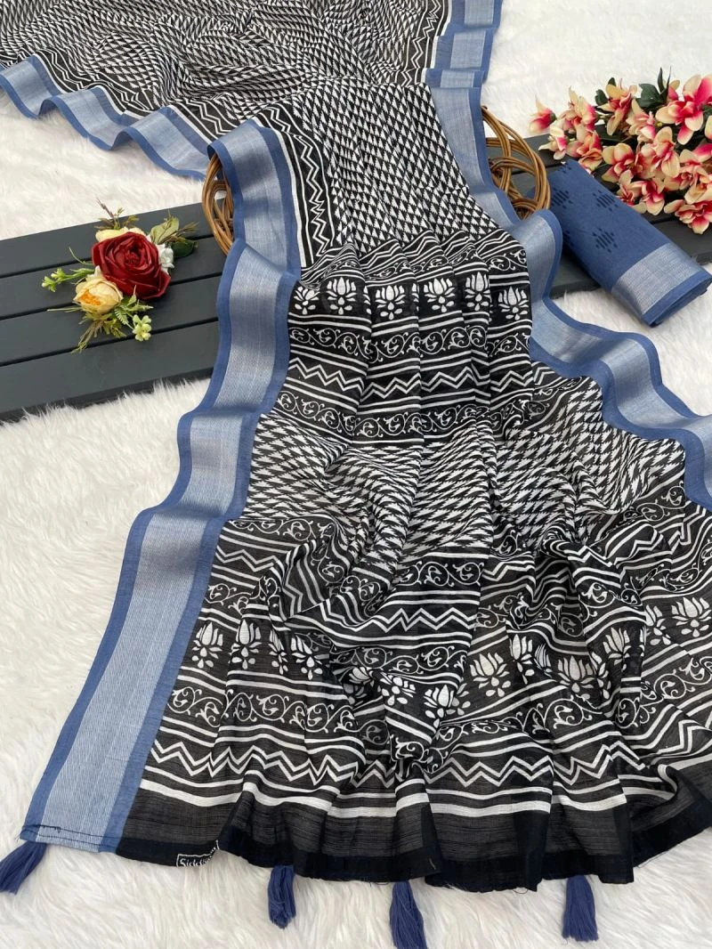 Black Beauty Soft Linen Printed Saree Collection 2
