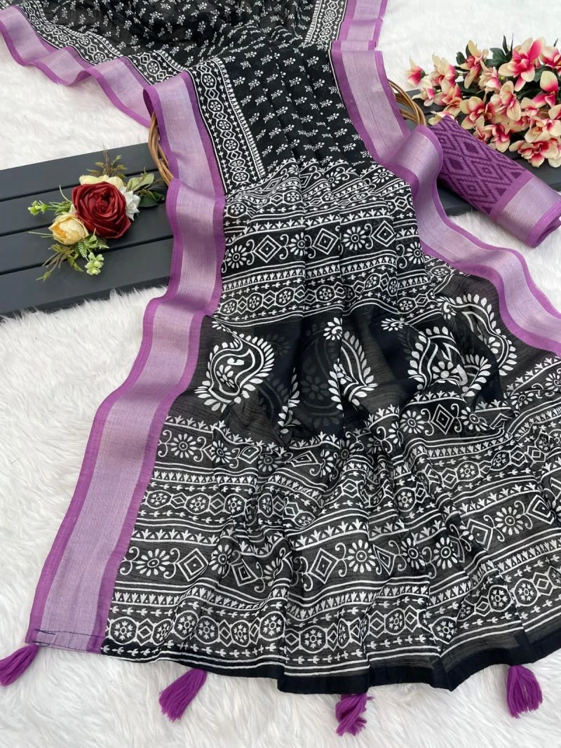 Black Beauty Soft Linen Printed Saree Collection 4