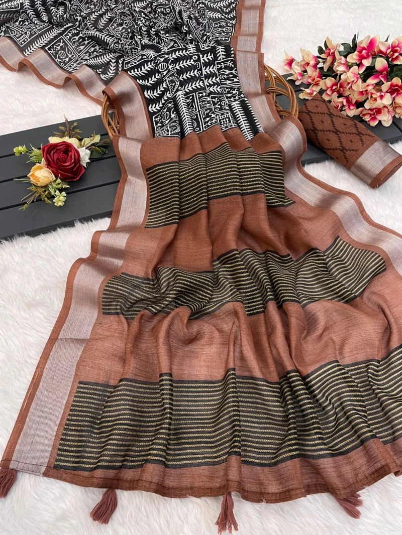 Black Beauty Soft Linen Printed Saree Collection 5