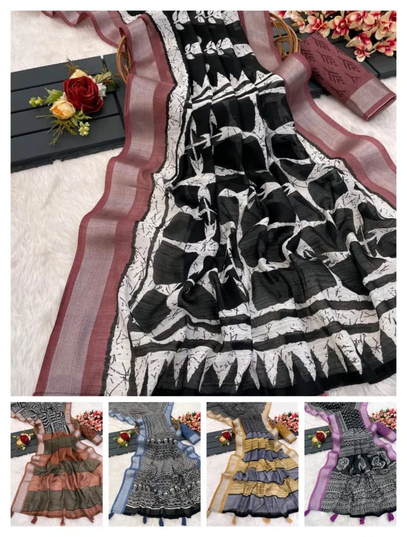 Black Beauty Soft Linen Printed Saree Collection 7