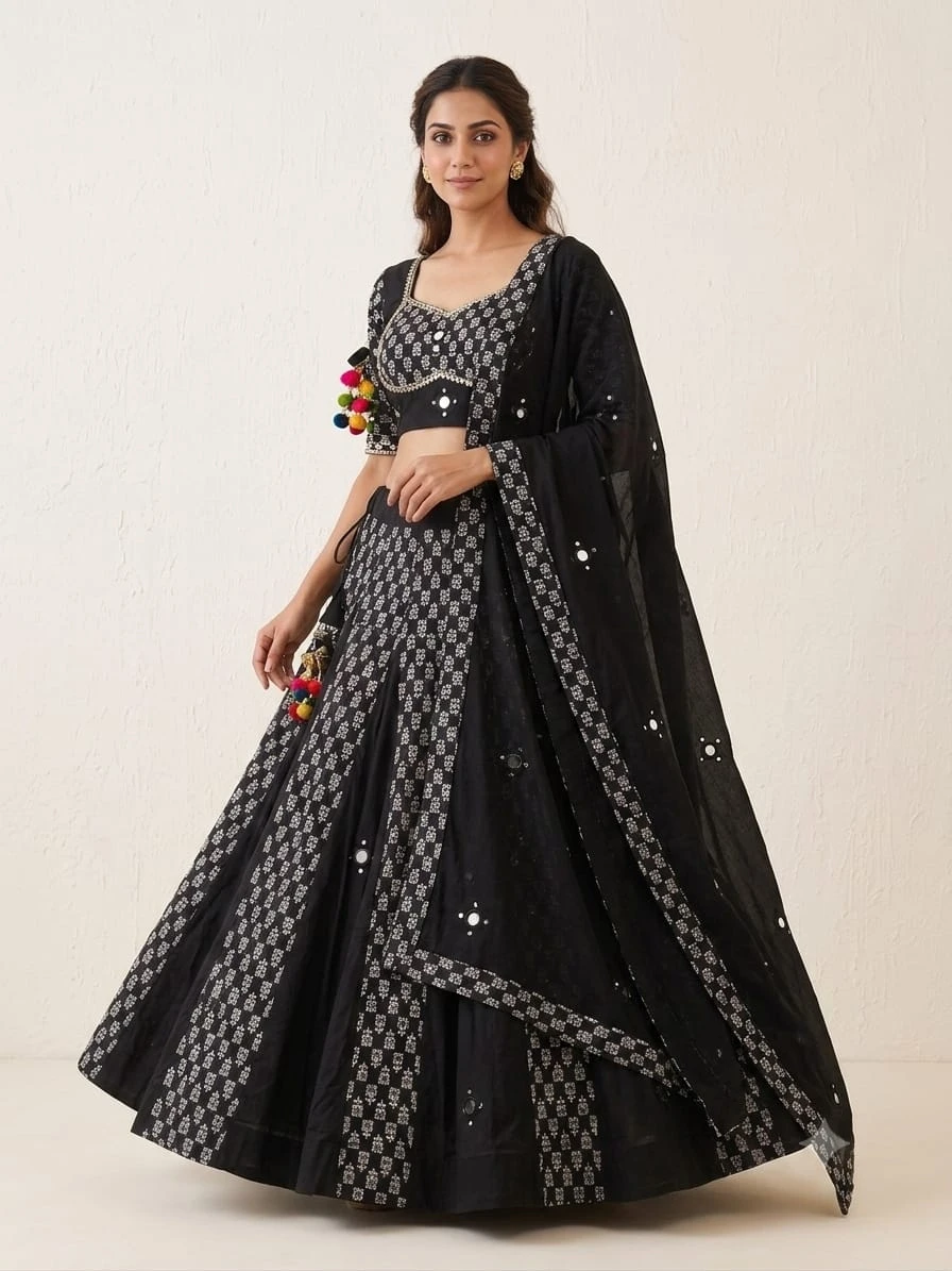 Black Ikkat Pure Rayon Cotton Lehenga Choli With Original Mirror Work