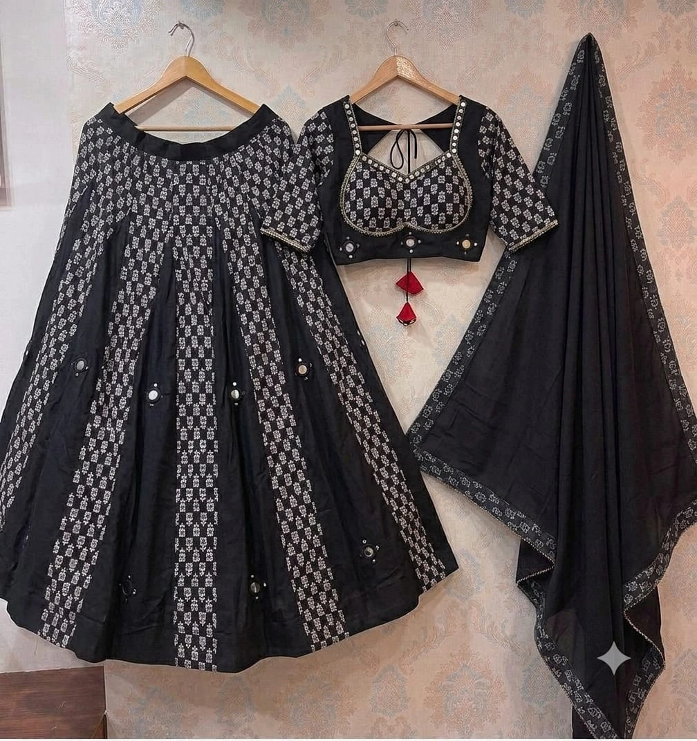 Black Ikkat Pure Rayon Cotton Lehenga Choli With Original Mirror Work 3