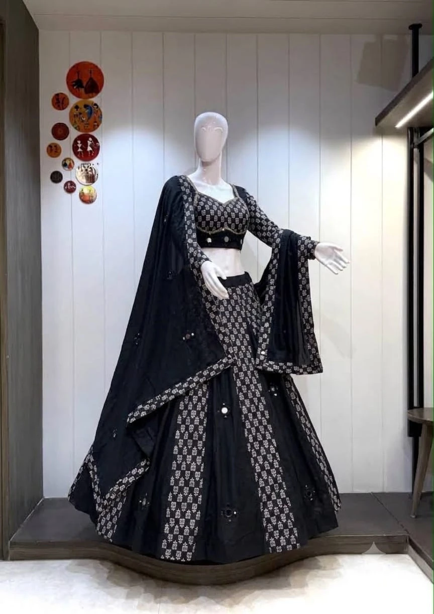 Black Ikkat Pure Rayon Cotton Lehenga Choli With Original Mirror Work 4