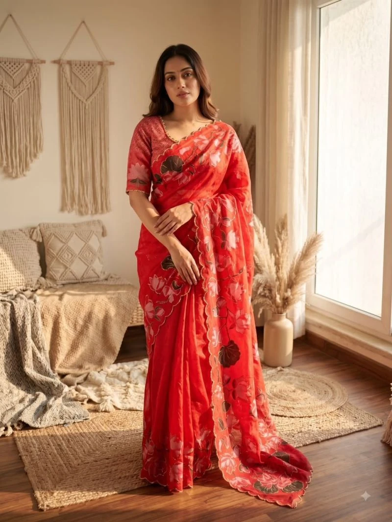 Bt 1316 Soft Tabby Silk Floral Printed Handworked Saree 2