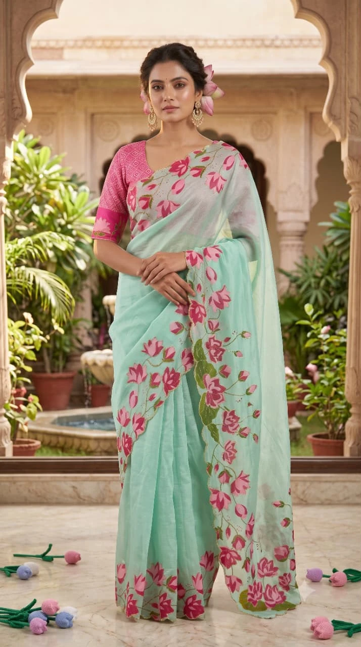 Bt 1316 Soft Tabby Silk Floral Printed Handworked Saree 3