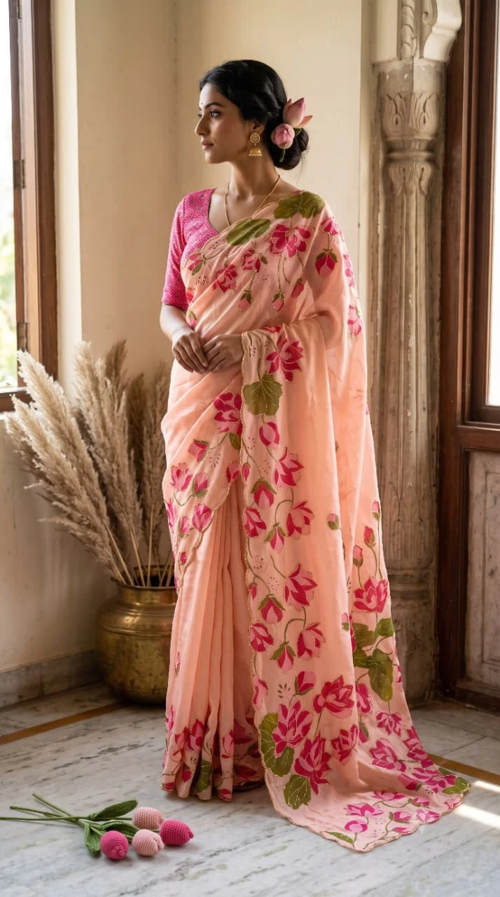 Bt 1316 Soft Tabby Silk Floral Printed Handworked Saree 4