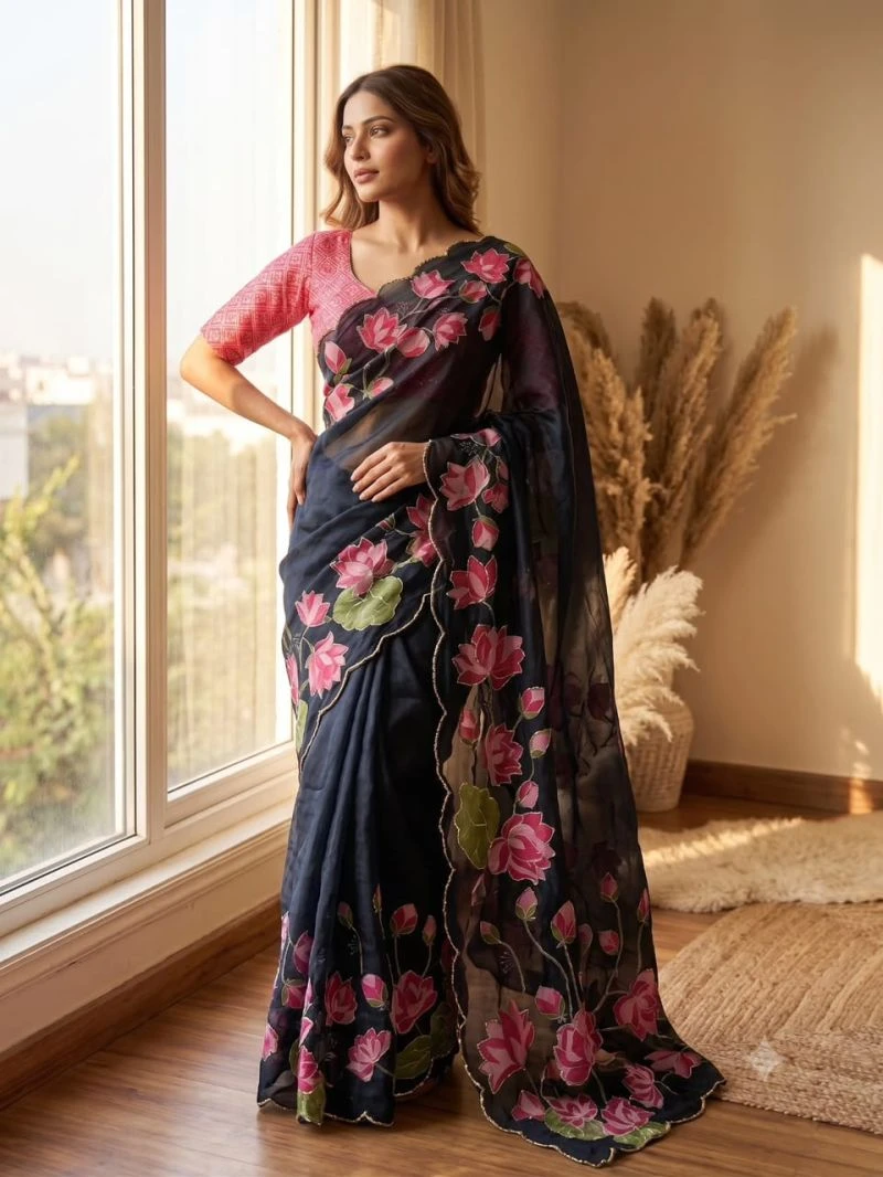 Bt 1316 Soft Tabby Silk Floral Printed Handworked Saree 5