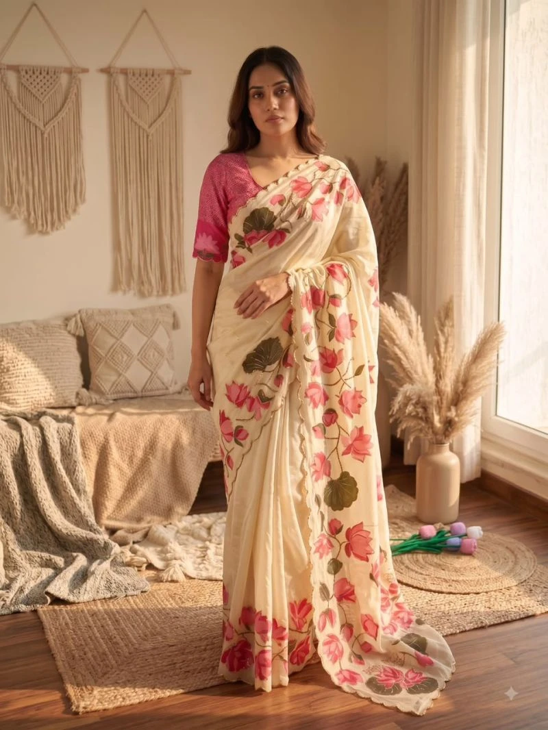 Bt 1316 Soft Tabby Silk Floral Printed Handworked Saree 6