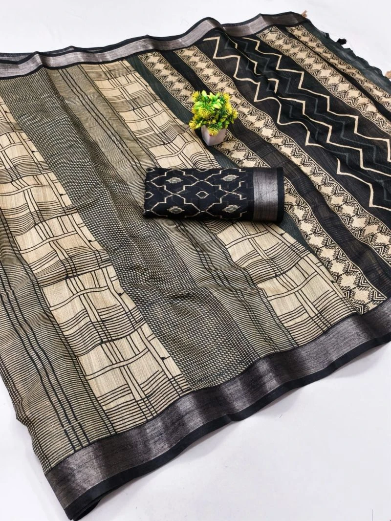 Chiku And Black Linen Printed Saree Collection 2