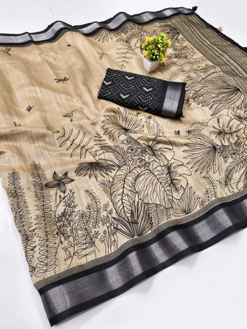 Chiku And Black Linen Printed Saree Collection 3