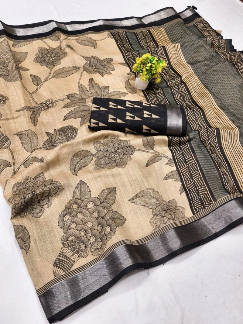 Chiku And Black Linen Printed Saree Collection 4