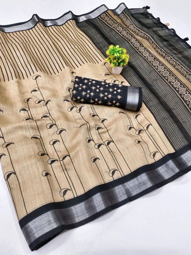 Chiku And Black Linen Printed Saree Collection 5