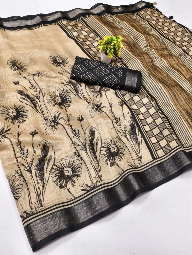 Chiku And Black Linen Printed Saree Collection 6