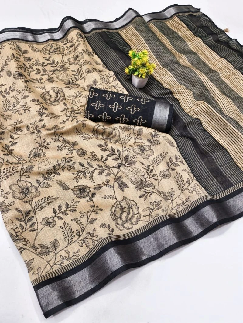 Chiku And Black Linen Printed Saree Collection 7