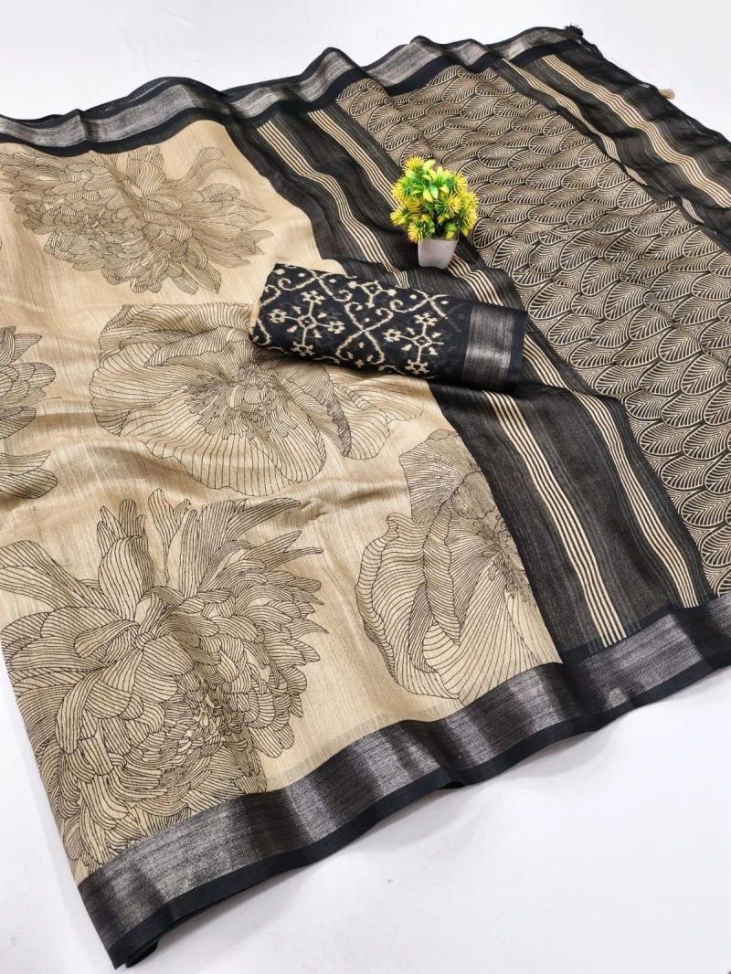 Chiku And Black Linen Printed Saree Collection 8
