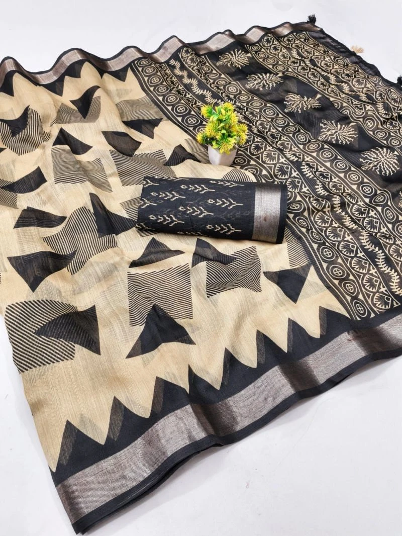 Chiku And Black Linen Printed Saree Collection 9