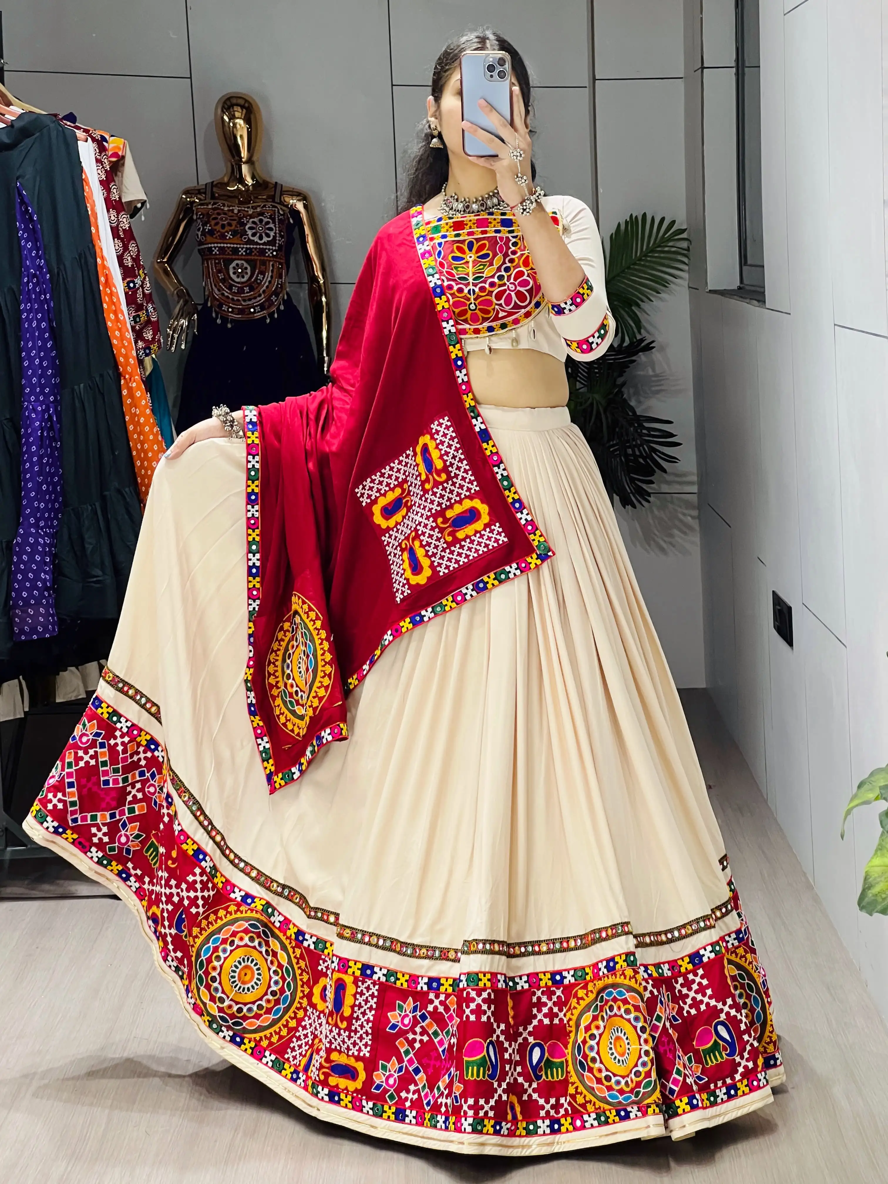 Classical Premium Gamthi Mirror Work Pure Rayon Cotton Lehenga Choli 2