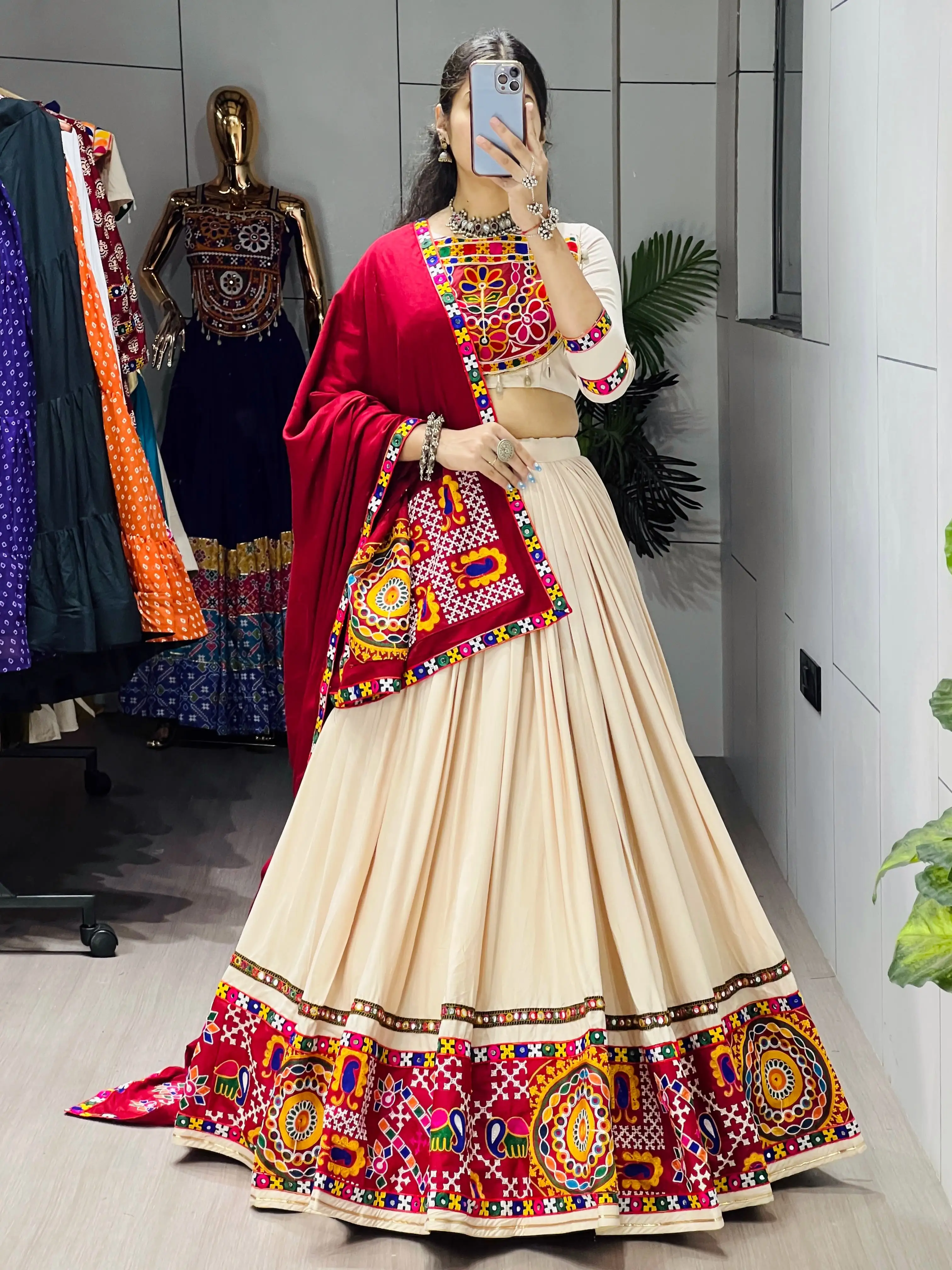 Classical Premium Gamthi Mirror Work Pure Rayon Cotton Lehenga Choli 3