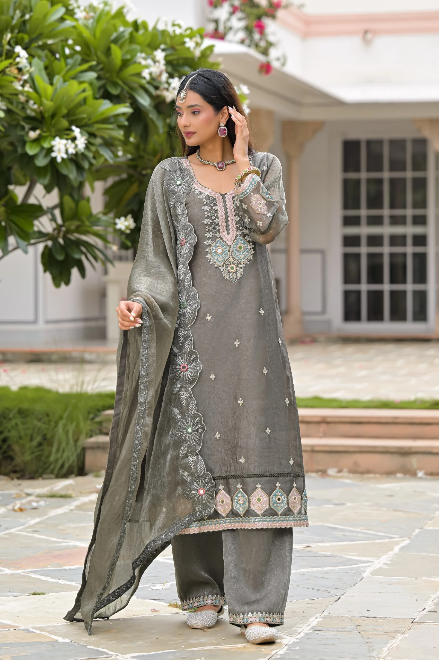 Crush Satin Suit With Beads And Embroidery Work 2