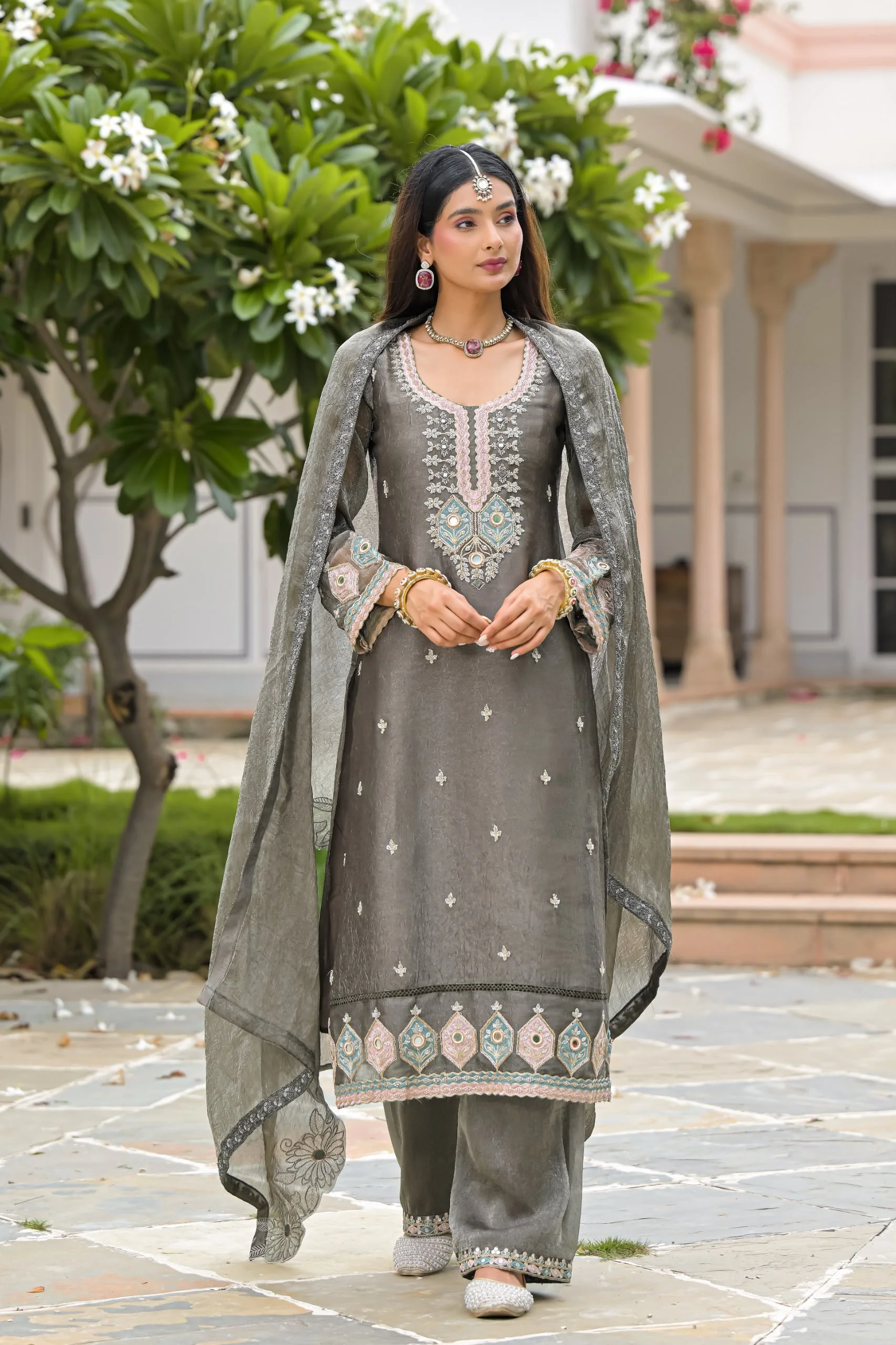 Crush Satin Suit With Beads And Embroidery Work 3