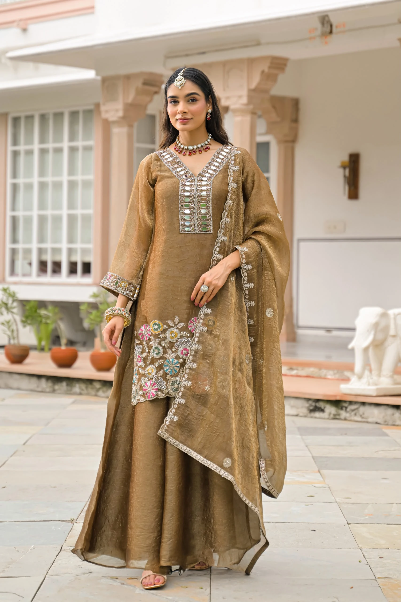 Crush Satin Suit With Beads And Mirror Work