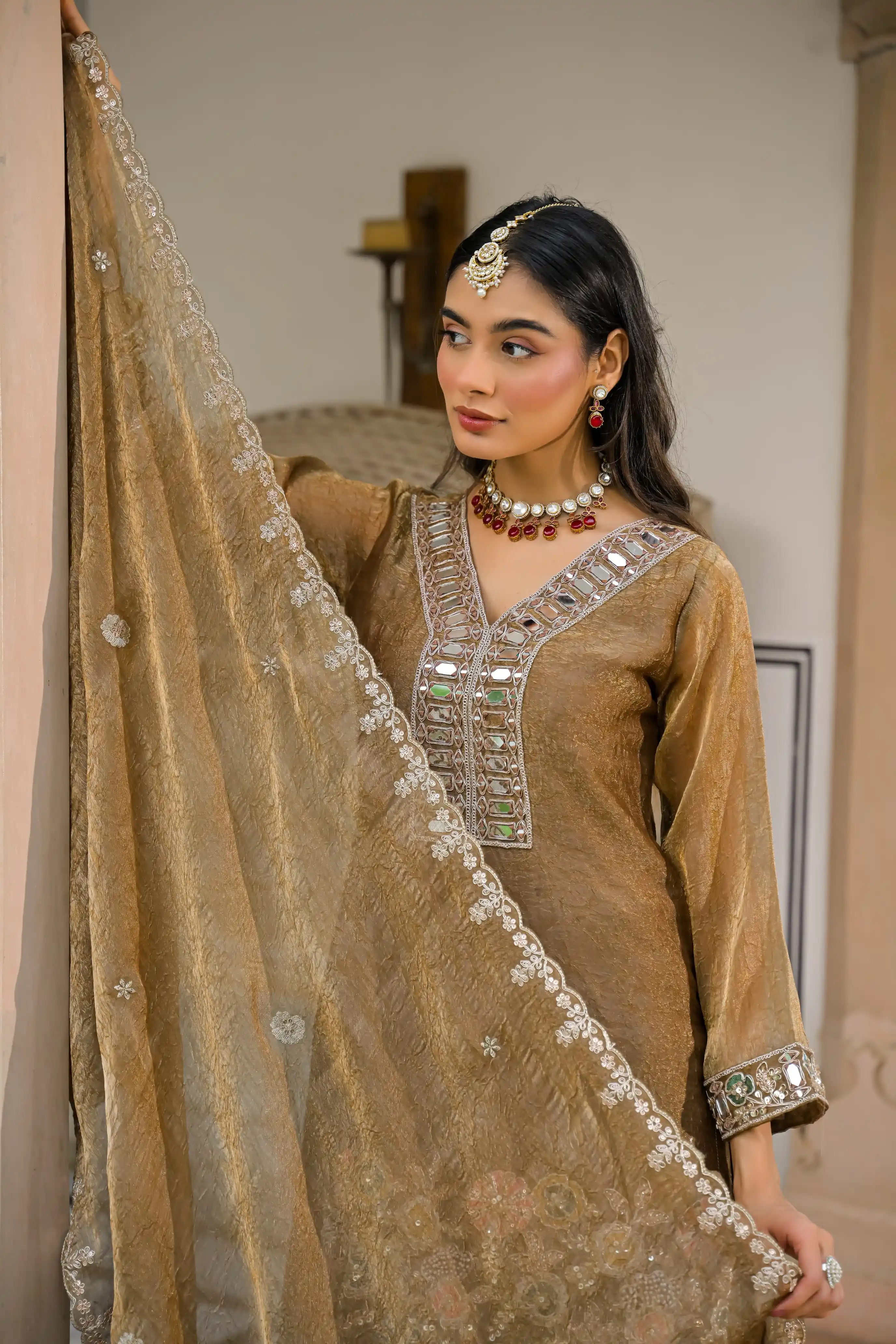 Crush Satin Suit With Beads And Mirror Work 2