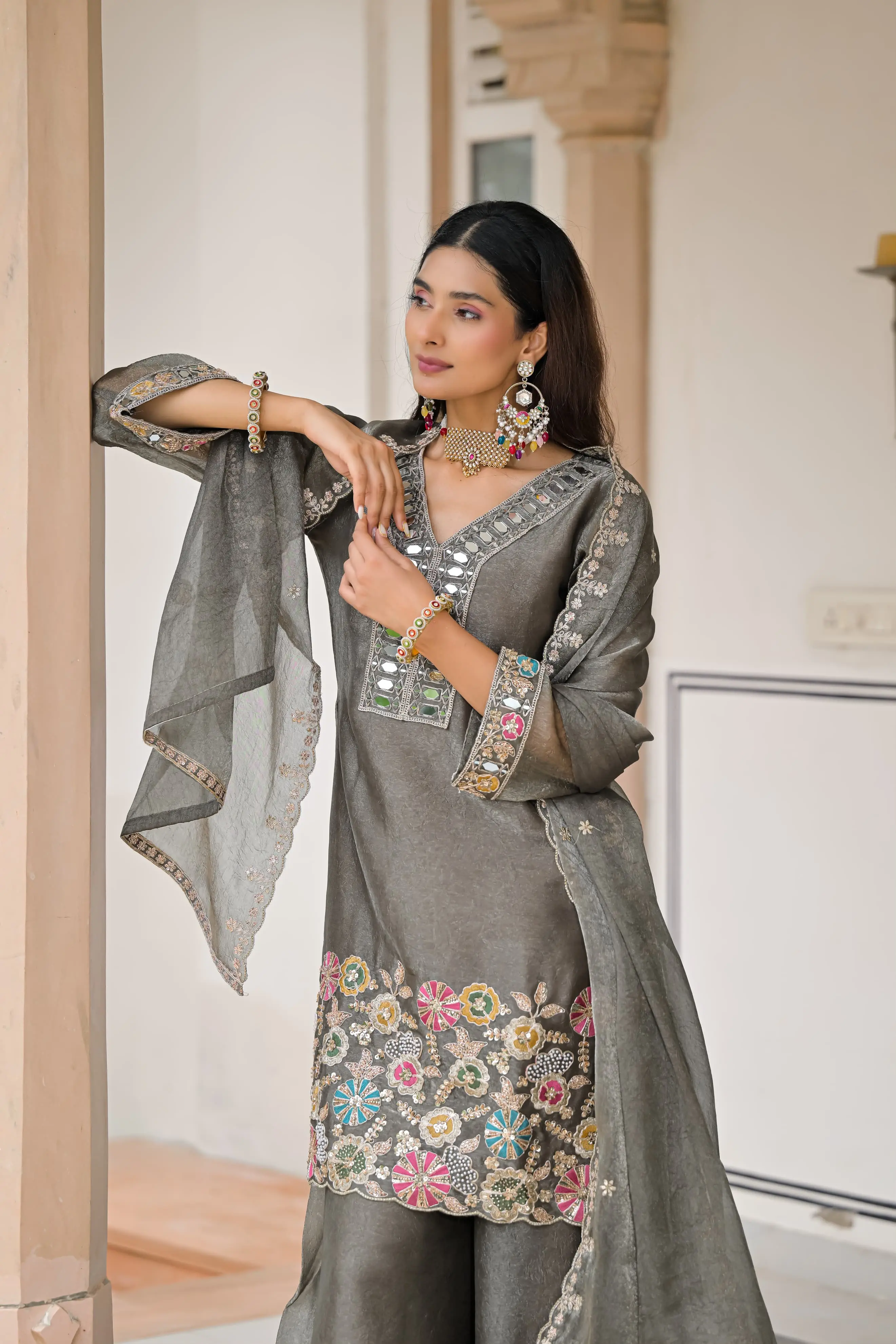 Crush Satin Suit With Beads And Mirror Work 3